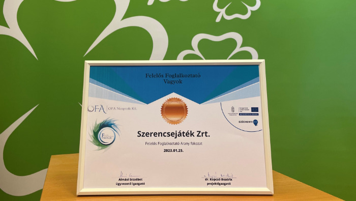 Arany minősítésű felelős foglalkoztatói tanúsítványt kapott a Szerencsejáték Zrt. 
